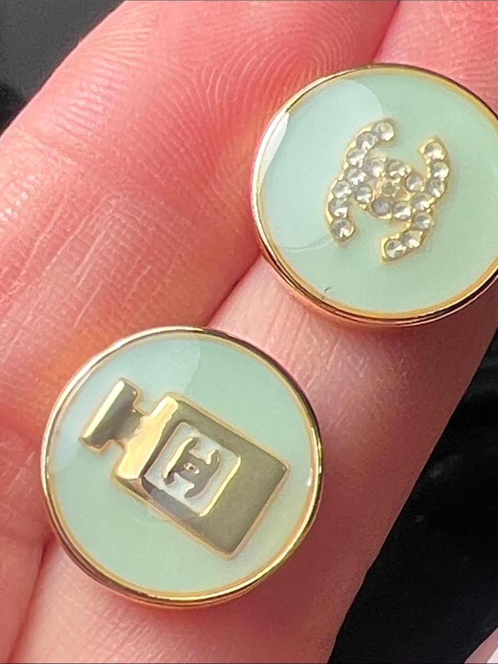 Chic Mint Gold Round Earrings with Perfume Bottle and Logo Accents